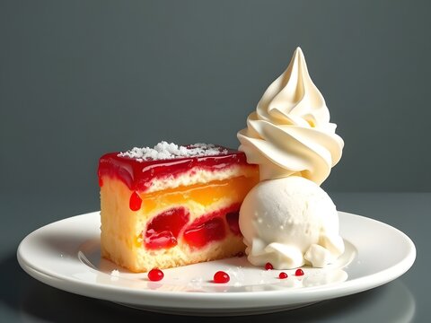jelly cake served with icecream and yogurt