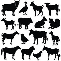 Vector Farm Animals Set. Silhouettes of Cow, Pig, Sheep, Lamb, Hen, Goat, Horse, Turkey. Design elements for emblem, poster, label. Farm Animals icons isolated on white background.Vector Farm Animals
