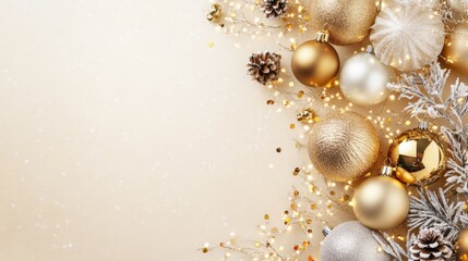 Fototapeta premium Holiday Elegance: A sophisticated arrangement of golden and silver ornaments, pine cones, and delicate lights create a festive and elegant ambiance. Perfect for holiday season.
