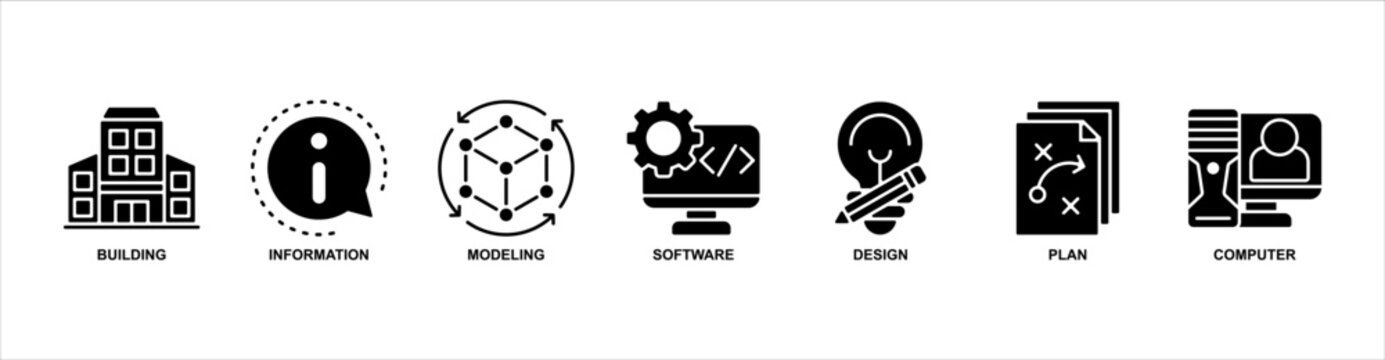 BIM banner web icon sheet vector illustration concept with icon of building, information, modeling, software, design, plan, computer