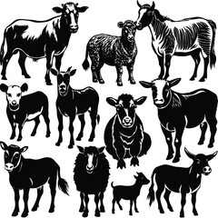 Vector Farm Animals Set. Silhouettes of Cow, Pig, Sheep, Lamb, Hen, Goat, Horse, Turkey. Design elements for emblem, poster, label. Farm Animals icons isolated on white background.Vector Farm Animals
