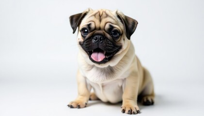 Pug with endearing expression, solo on white backdrop, pug, domestic, dog