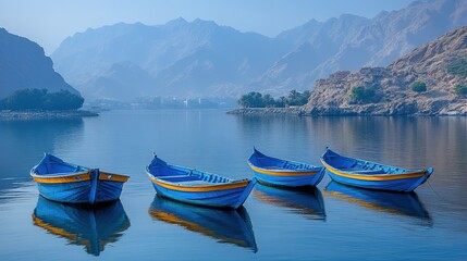 Fototapeta premium Tranquil lake scene with painted boats and mountains.