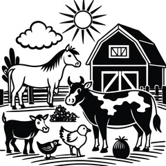 Vector Farm Animals Set. Silhouettes of Cow, Pig, Sheep, Lamb, Hen, Goat, Horse, Turkey. Design elements for emblem, poster, label. Farm Animals icons isolated on white background.Vector Farm Animals
