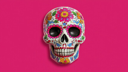 Obraz premium Colorful sugar skull with floral designs on vibrant pink background, symbolizing celebration and remembrance