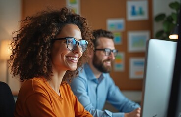 Smiling woman wearing eyeglasses looks at computer screen while colleague works at office. Teamwork, cooperation in finance, audit, coding, medical bill. People in the workplace, business, technology.