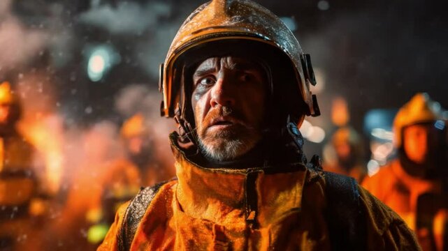 Brave Firefighter amidst Flames: A determined firefighter, adorned in protective gear, confronts a raging inferno, embodying courage, dedication, and the selfless spirit of a true hero.