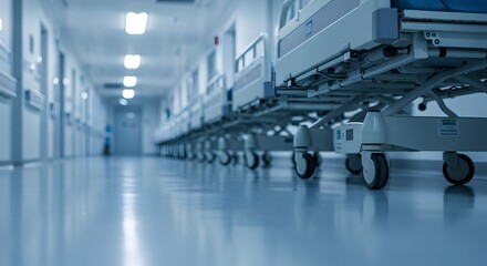 Fototapeta premium AI image low angle perspective of a clean, empty hospital corridor lined with medical beds under cool, sterile fluorescent lighting straight ahead