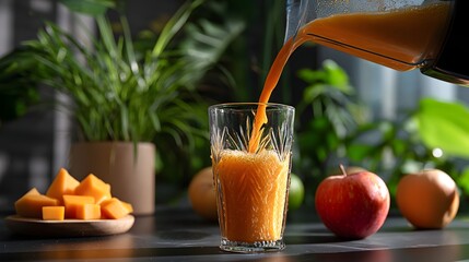 Vibrant orange juice being poured from a clear pitcher into a glass on a bright table