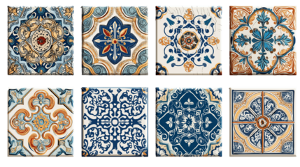collection of intricately patterned vintage ceramic tiles isolated on white transparent background