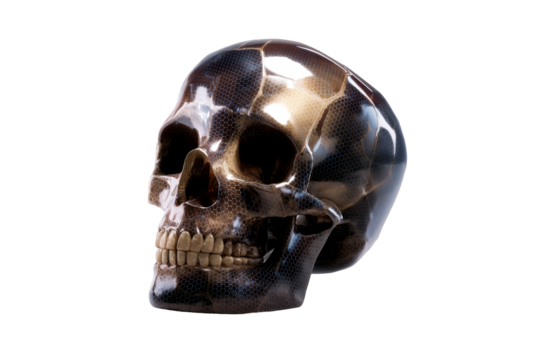 Skull sculpture with patterns on a clear background