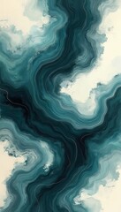 Obraz premium Abstract illustration featuring fluid wavy shapes. Shades of teal, blue, beige colors create an artwork, wallpaper, textile texture. Design, art, decoration for print. Swirls evoke sense of movement.