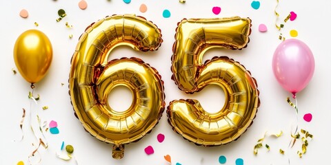 Golden Foil Balloon Number 65 Celebration with Pink and Gold Balloons and Colorful Confetti