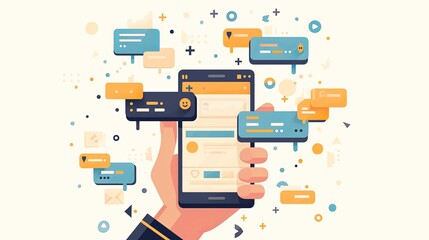 Hand holding smartphone with colorful social media and chat icons illustrations