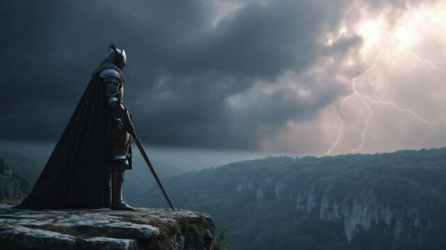 A Knight's Sentinel: A lone knight stands poised on a rocky precipice, gazing at the majestic landscape with a storm brewing in the background.