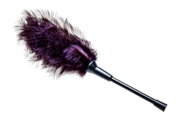 Purple feather duster with a sleek handle for cleaning tasks