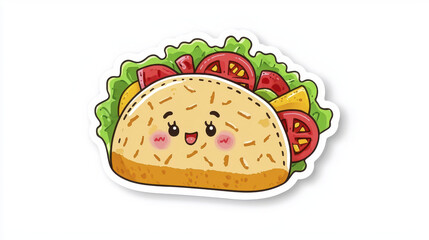 Cute taco sticker with smiling face, filled with fresh vegetables and vibrant colors, perfect for food lovers and decoration