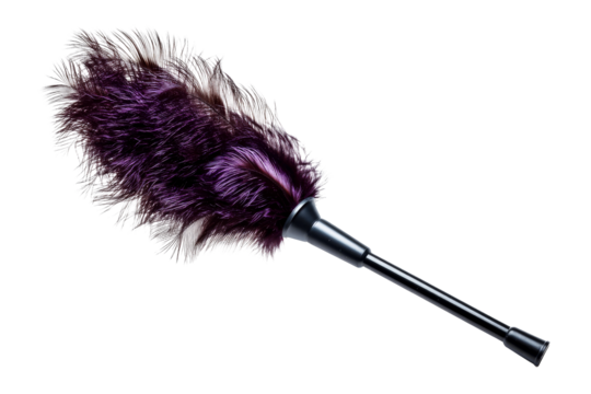 Purple feather duster with a sleek handle for cleaning tasks