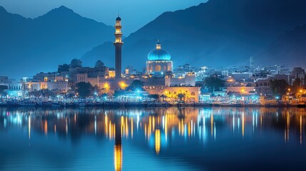Fototapeta premium Vibrant night cityscape reflected in tranquil water.
