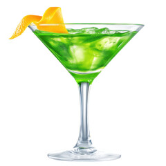 The Emerald Elixir: A vibrant and refreshing martini, artfully garnished with a twist of zesty orange peel, awaits, its emerald green hue promising a moment of pure indulgence.