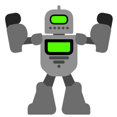 Cartoon Illustration of a Metallic Grey Robot with Black Hands and Bright Green Screens on its Head and Torso, Standing Firmly with Arms Slightly Raised and Fists Ready, Isolated on a White Background