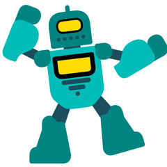 funny cartoon robot. tosca robot vector design standing and raising hands. tosca robot cartoon illustration with screen on head and body, isolated on white background 