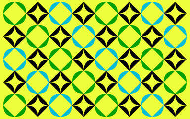 seamless geometric pattern design. Abstract Geometric Design with Alternating Black Star Motifs and Green/Blue Rounded Square Outlines on Yellow