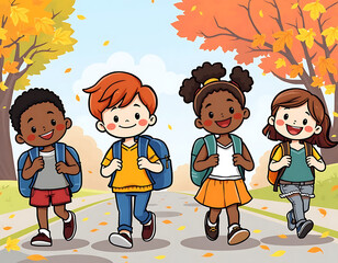 Back to School Illustration – Cute Kids with School Supplies, Books, and Classroom Elements