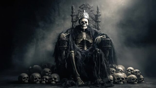 Death King on Throne: A skeletal figure, crowned and robed, sits majestically upon a throne amidst a pile of skulls, shrouded in darkness and mist. The scene evokes a sense of power and mortality.