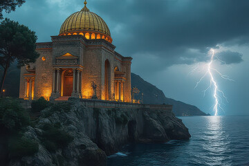 Obraz premium Majestic Byzantine Fortress in Turkey: Golden Domes Under Stormy Sky, Ancient Mosaics & Cliffside Views