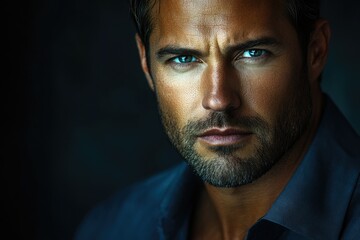 Obraz premium Close-up portrait of a handsome man with intense blue eyes and a well-groomed beard.