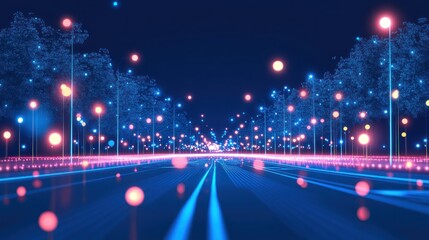 Digital avenue lined with glowing trees and lights.
