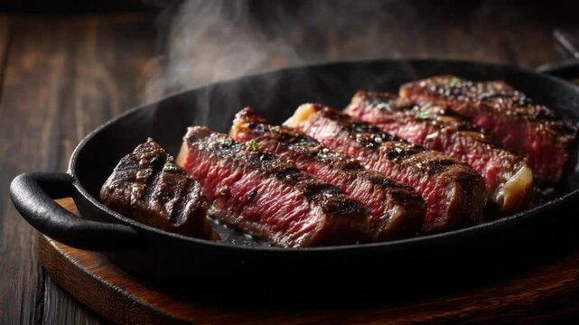 Sizzling Steak: A culinary masterpiece, featuring perfectly grilled slices of juicy steak, expertly seasoned, and presented on a hot skillet, tantalizing taste buds with its delicious aroma.