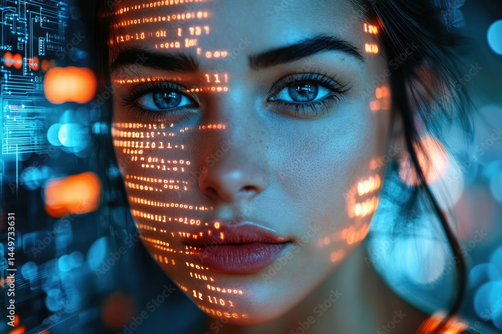 Leinwandbilder a woman's face is overlaid with glowing binary code, symbolizing the merging of technology and human