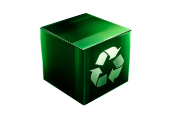Square green recycling box with logo on transparent background