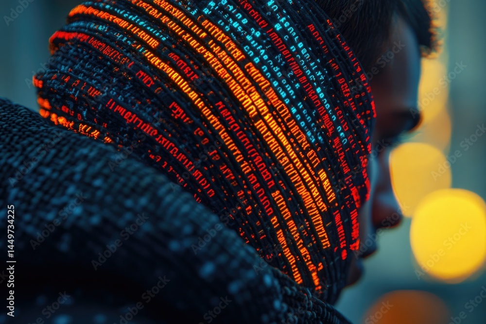 Poster a person with a glowing, code-covered head, representing digital identity or the merging of humanity