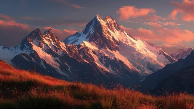 Majestic Mountain Vista: Towering snow-capped peaks, kissed by the warm hues of dawn, stand sentinel over a verdant valley, painting a breathtaking tableau of nature's grandeur. 