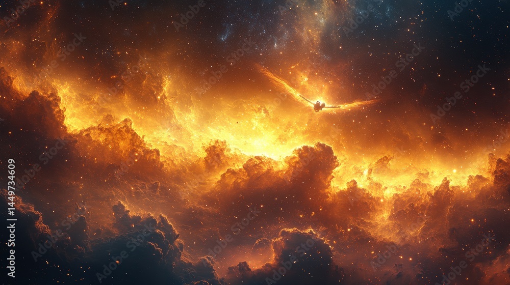 Poster fiery cosmic cloudscape with celestial object.