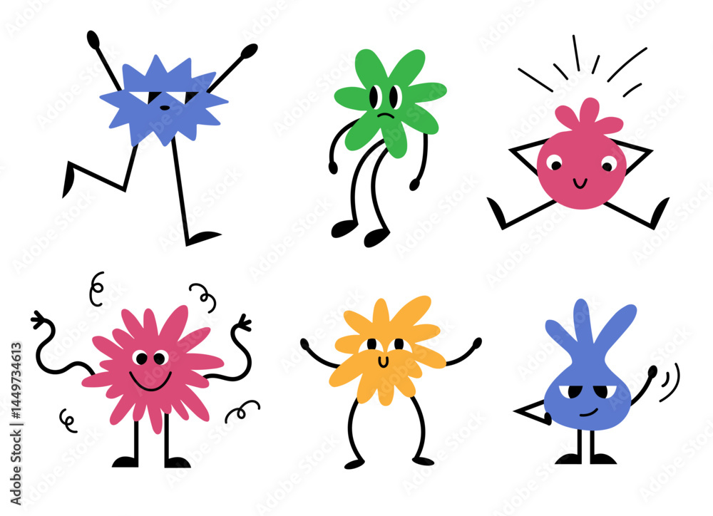 Aufkleber set funny shape with smiling character. abstract mascots in flat style. faces with various comic emo
