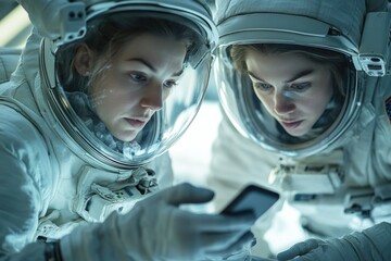 Two female astronauts in spacesuits intensely examine a smartphone, possibly communicating vital information or data.