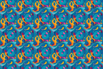 Vibrant Abstract Pattern with Swirling Designs in a Deep Blue Background.