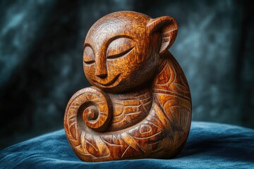 Intricate wooden carving of a serene creature, possibly a mythical being, showcasing detailed craftsmanship and a peaceful expression.