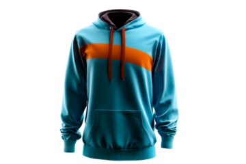 Trendy teal hoodie with orange stripe on transparent background