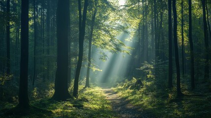 Fototapeta premium Sunlight beams through the trees in a dense green forest.