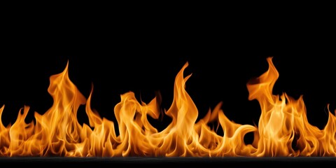 Horizontal orange flames over black background. fire concept in visual effects and hazard themes