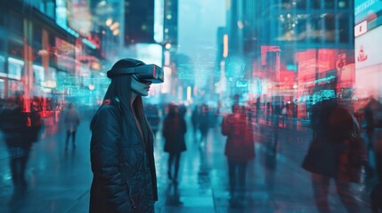 Obraz premium Immersive urban landscape: A woman's foray into virtual reality in the city