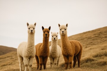 Fototapeta premium Four alpacas in scenic landscape.