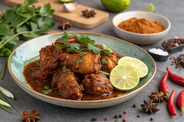 Fototapeta premium Delicious Rendang Ayam With Fresh Ingredients on a Plate Generative AI