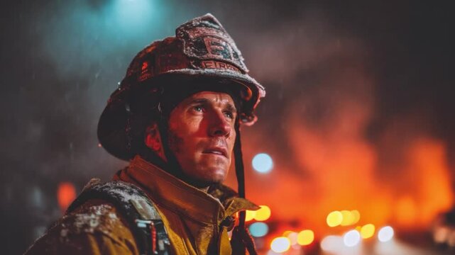 Heroic Firefighter in Action: A courageous firefighter stands steadfast against a backdrop of raging flames and smoke, his face etched with determination.