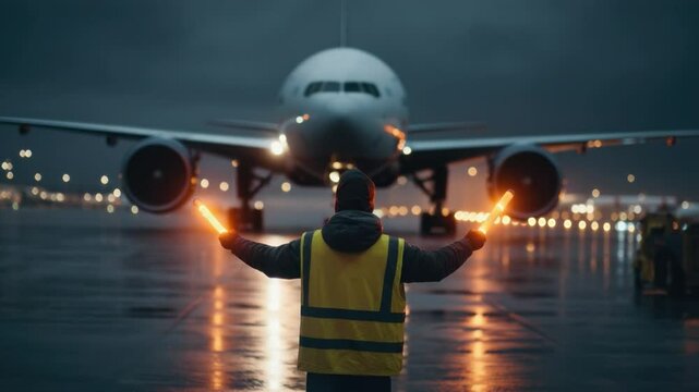 Guiding Light: A ground crew member directs a sleek aircraft onto the runway, illuminated by the runway lights. An expert capturing the essence of seamless air travel.